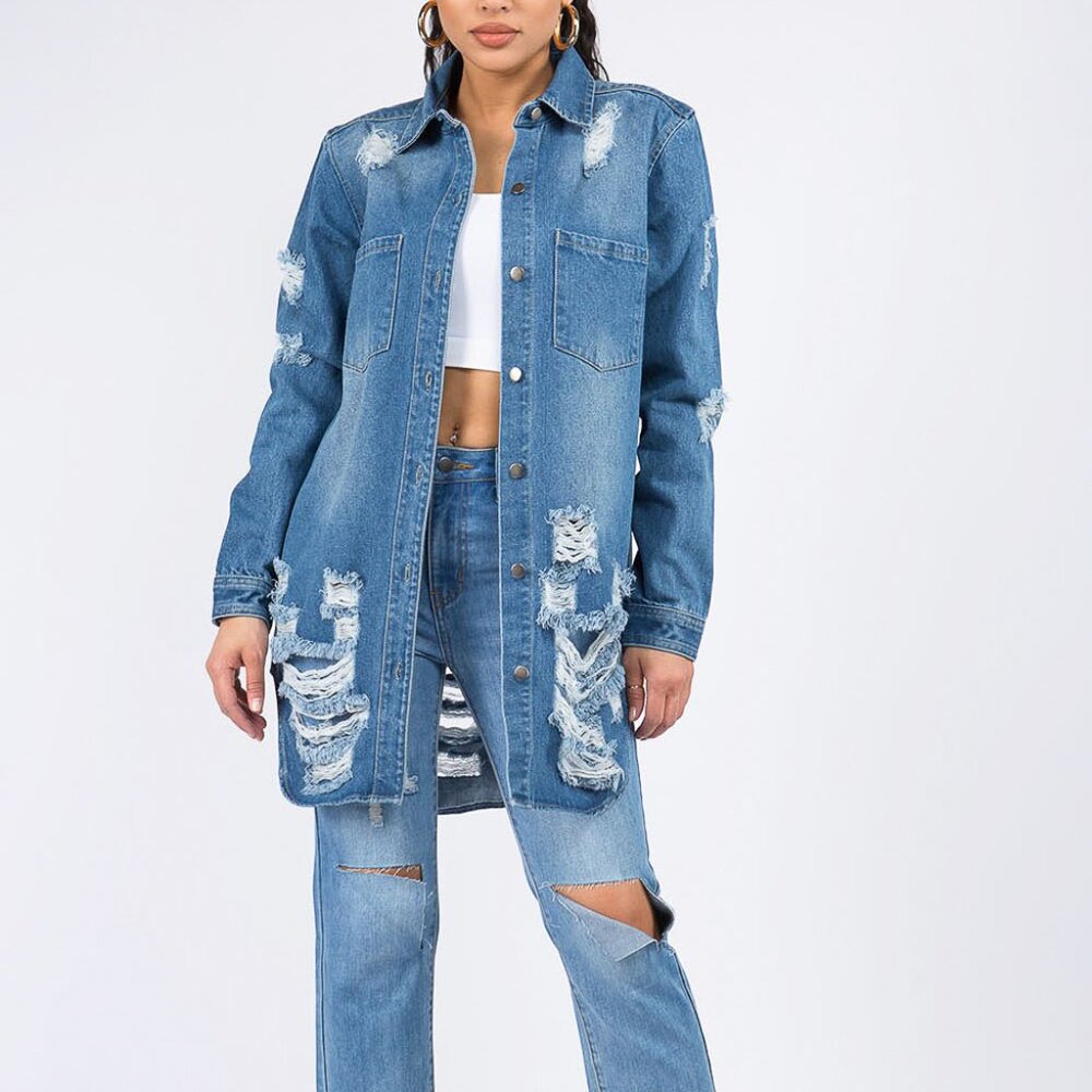 American Bazi Distressed Button-Down Denim Shirt Jacket